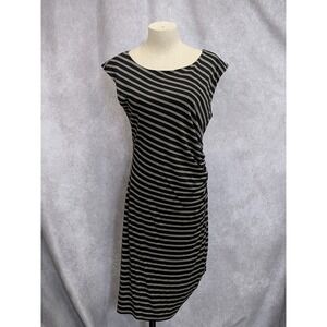 Ann Taylor LOFT Womens Striped Ruched Sheath Dress Black Tan Boat Neck Medium